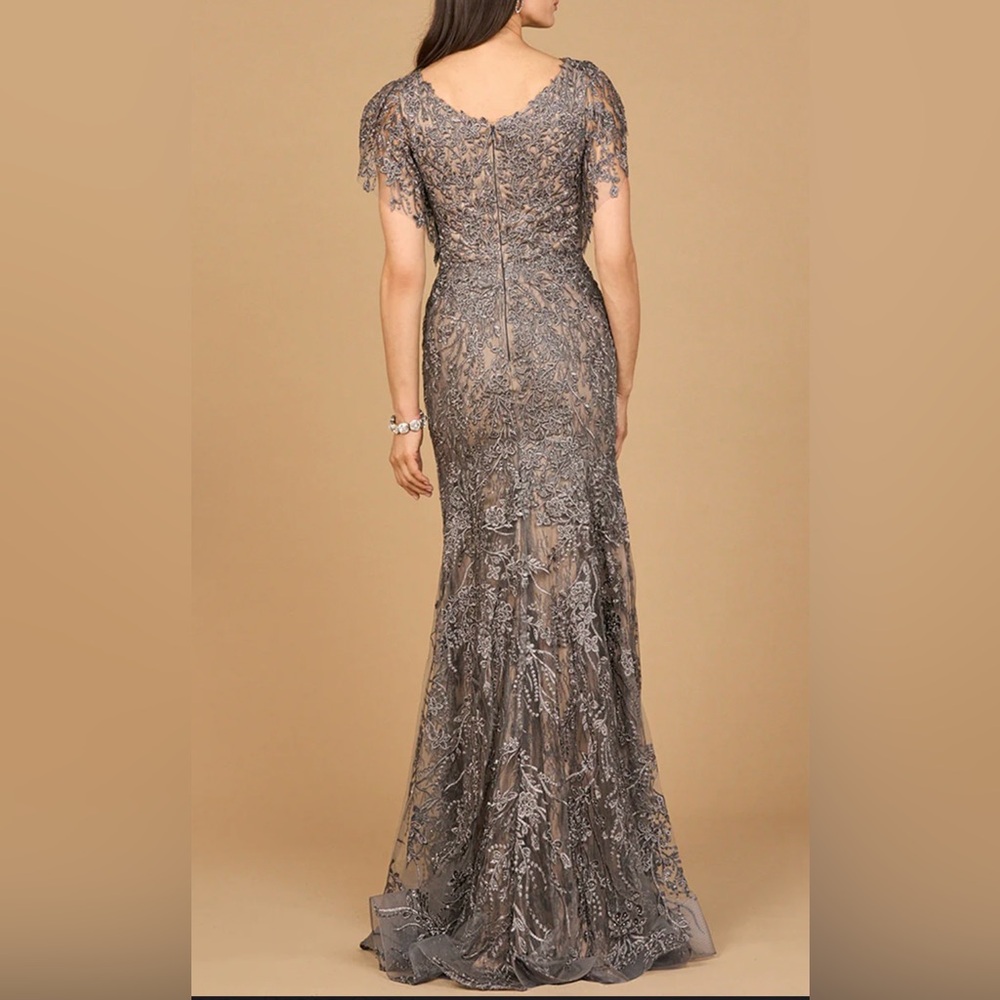 Lara Elegant Gray Lace Cap-Sleeve Mermaid Evening Gown • Formal / Prom - Picture 2 of 3